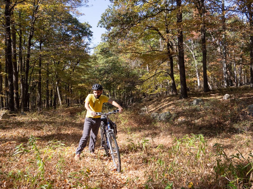 Michael pushing up a moderately difficult forest road