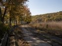 an arc of benches bordering the reed-choked beach recede toward a utility shed