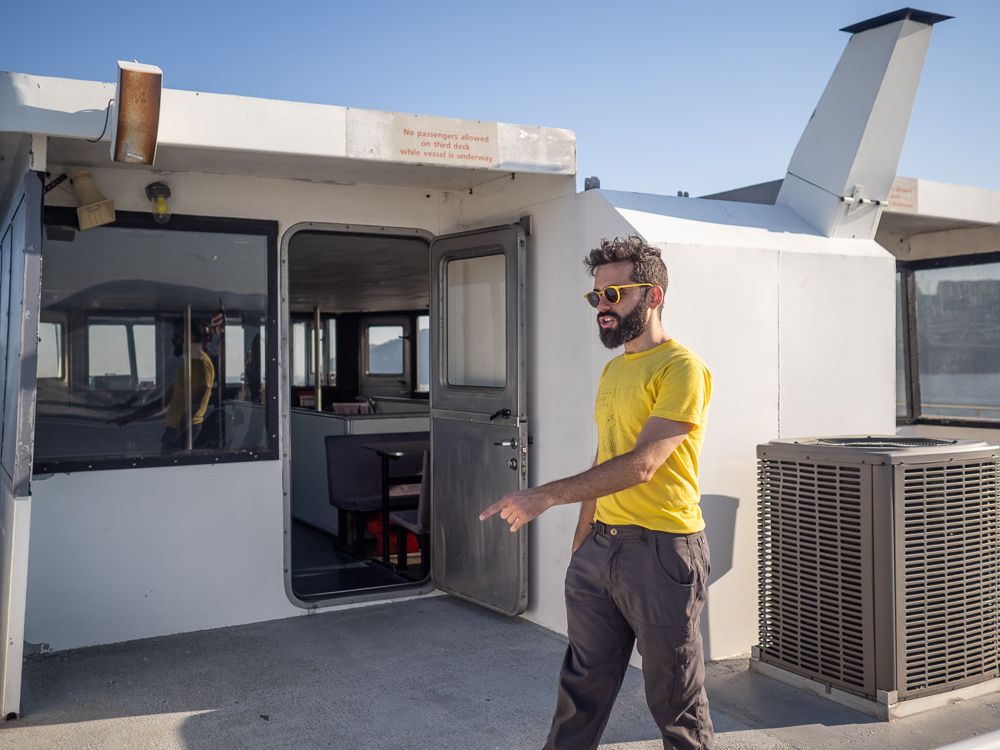 Michael reminds me not to forget my water bottle on the ferry