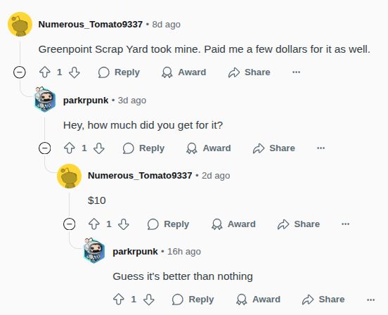 Screenshot of a Reddit thread discussing Greenpoint Scrap Yard