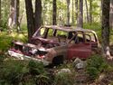 A Chevy Suburban abandoned in a forest ditch