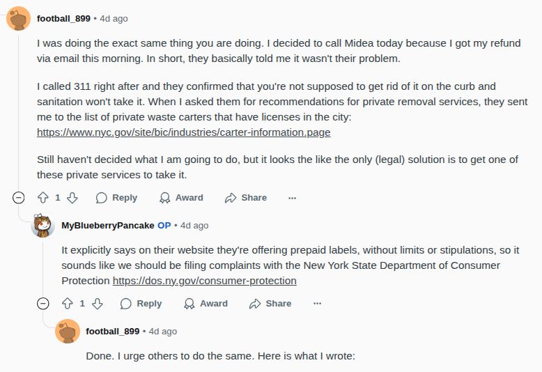 Screenshot of a Reddit thread discussing obtaining a shipping label from Midea