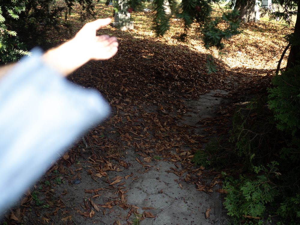 a spectral hand gestures at a shadowy path in Greenwood Cemetery